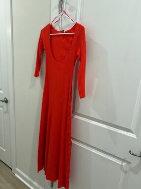 Zara Orange Ribbed Scoop-Neck Maxi Dress